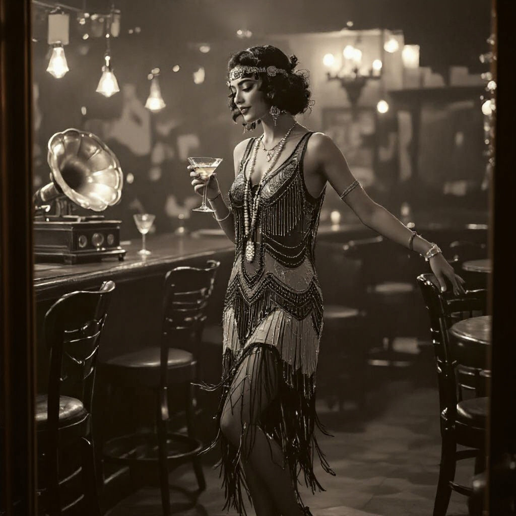 Chicano Flapper Dances in Sepia Speakeasy Bar