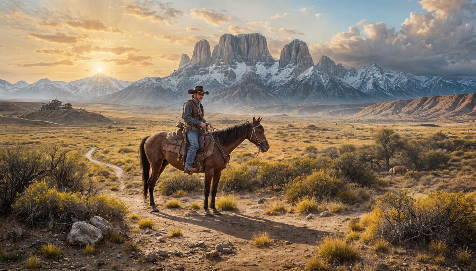 A Lone Cowboy Under Sunset in the Wild West