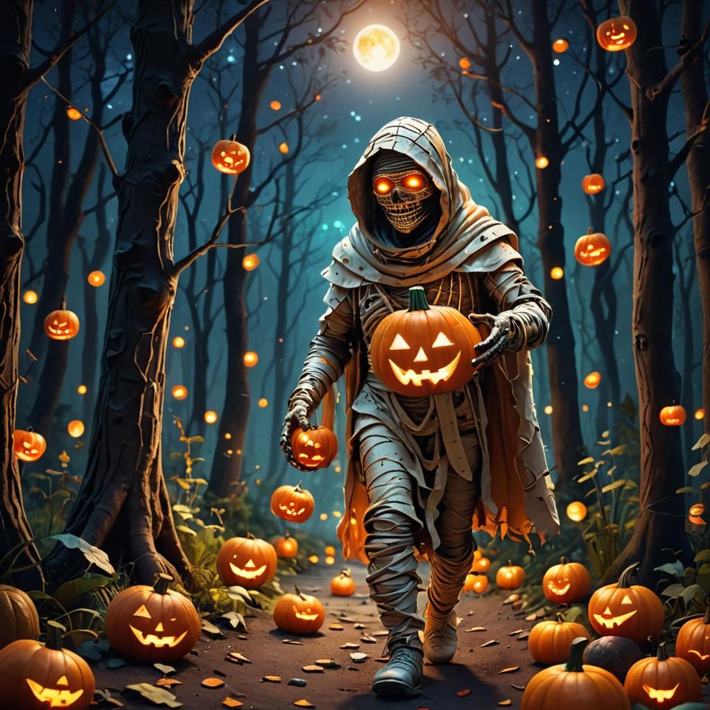 Cute Mummy's Night Walk: 3D Fantasy Illustration