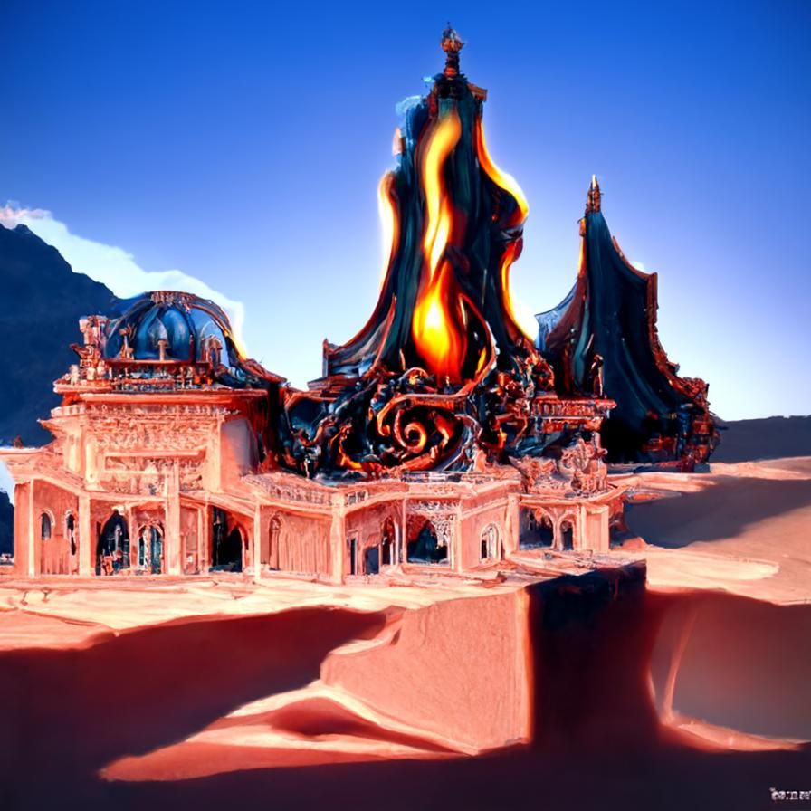 Desert Temple and Efreeti King in Art Nouveau Style