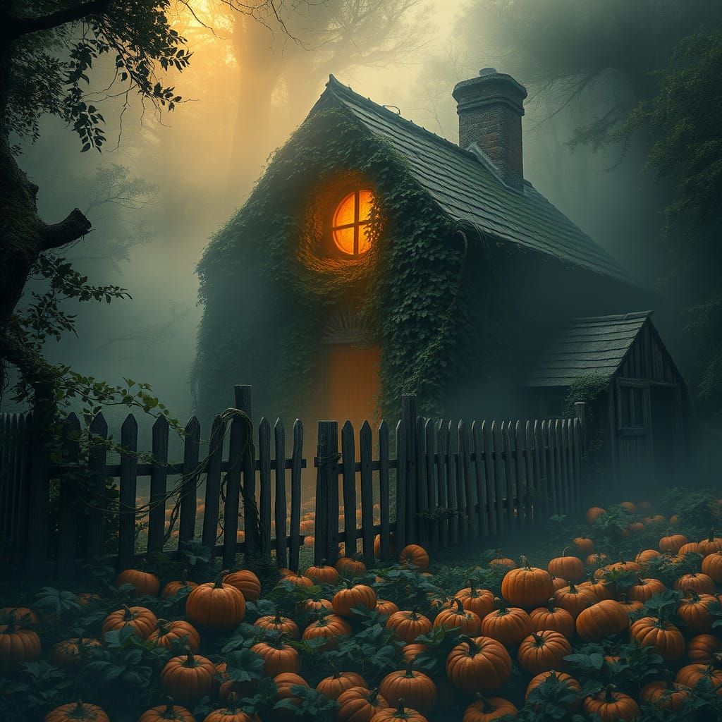 Mysterious Cottage in Dark Woods Scene: A Haunting Autumnal....