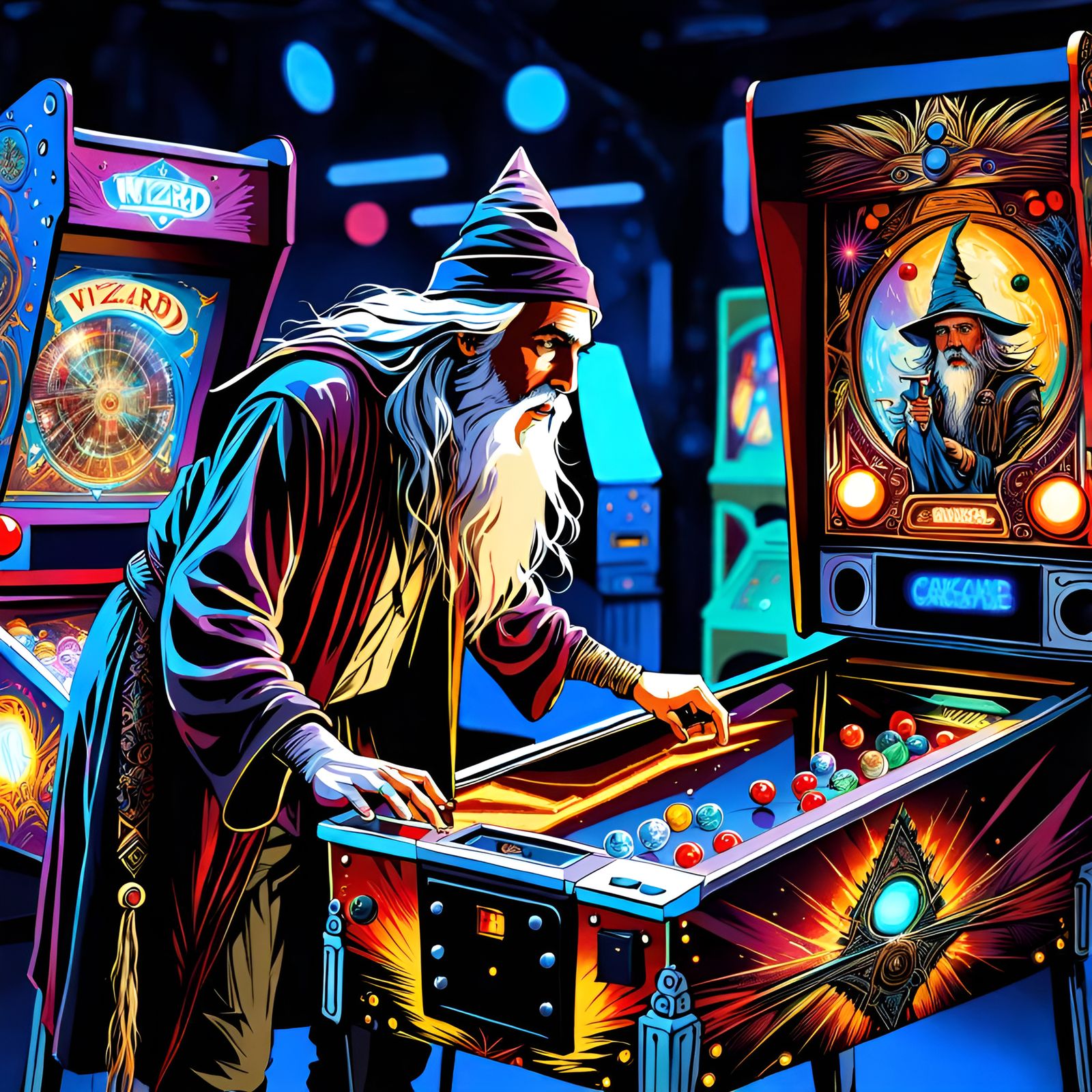 Wizard Plays Pinball in Intricate Ink Art Style
