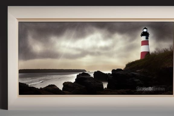 Stormy New England Coastline Lighthouse Watercolor