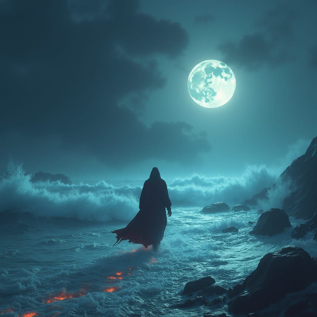 Creator Striding on Stormy Sea: High Fantasy Art