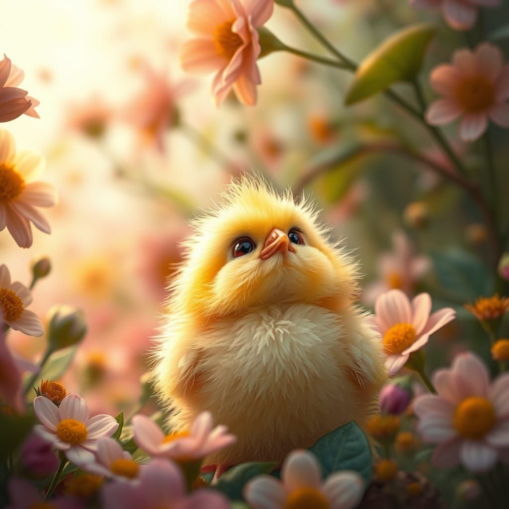 Hyperrealistic Chick in a Floral Forest