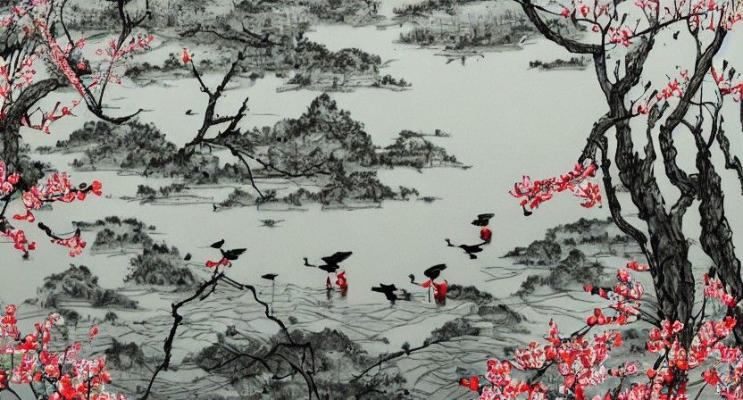 Plum Blossom Forest River: Chinese Ink Painting