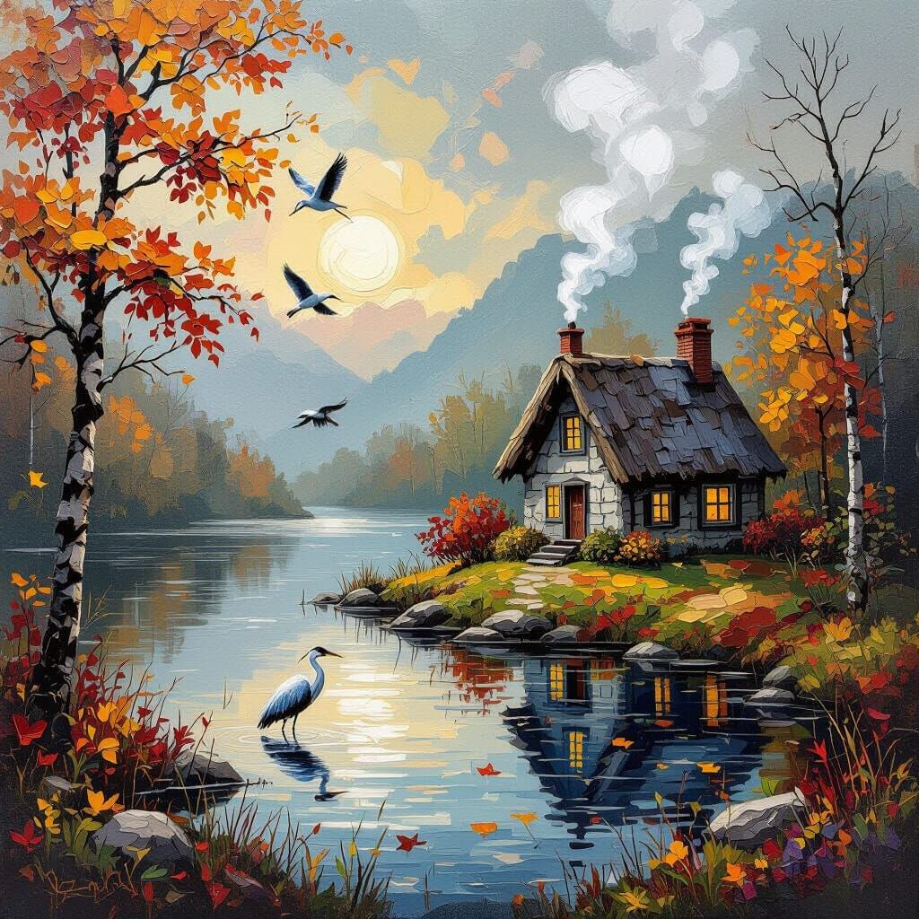 Impasto Autumn Landscape With Cottage and Herons
