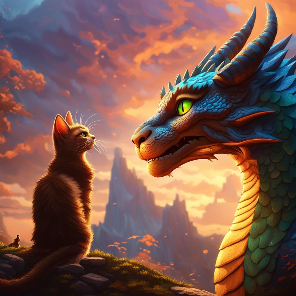 Dragon and Cat Staring Contest, Fantasy Art
