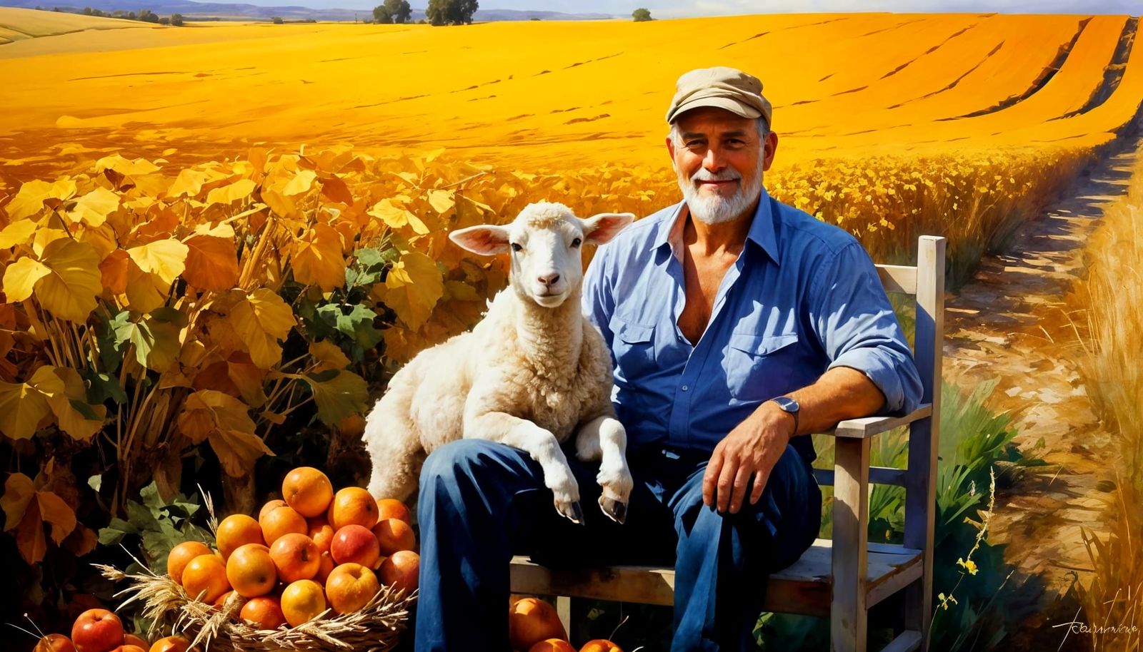 Golden Harvest Farmer on Throne with Cornucopia