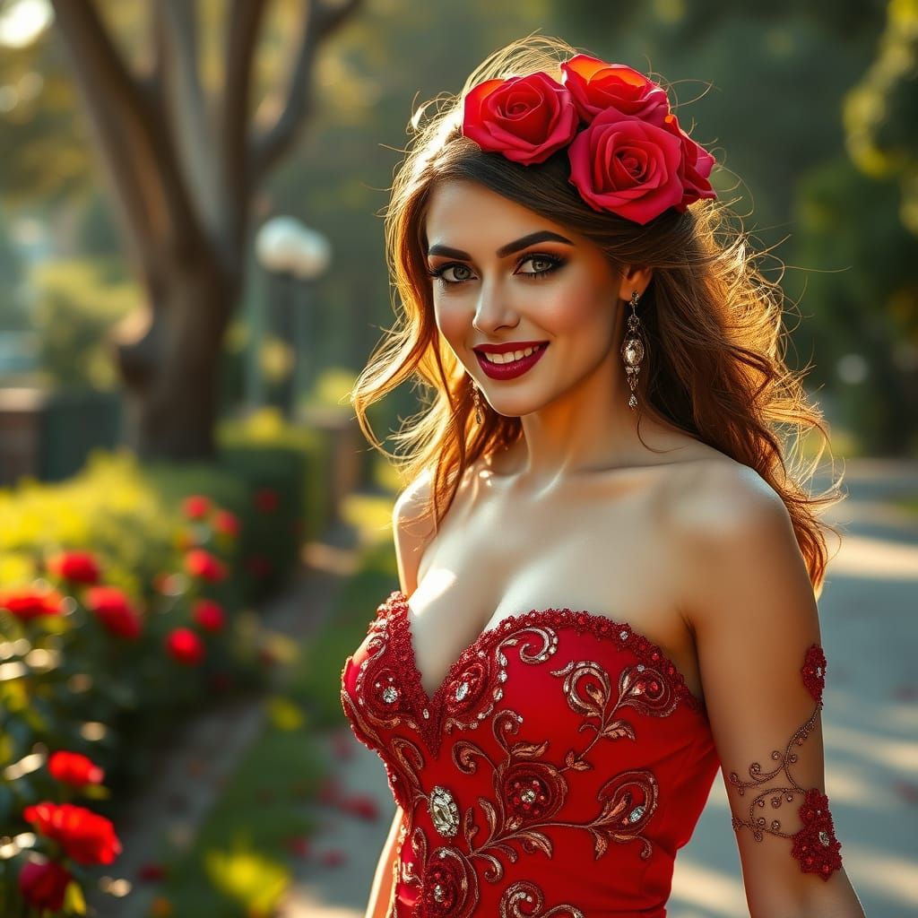 Elegant Woman Strolls in Art Nouveau-Inspired Fashion