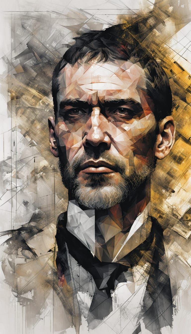 Cubist Portrait of a Regal Judge in Ornate Tempera