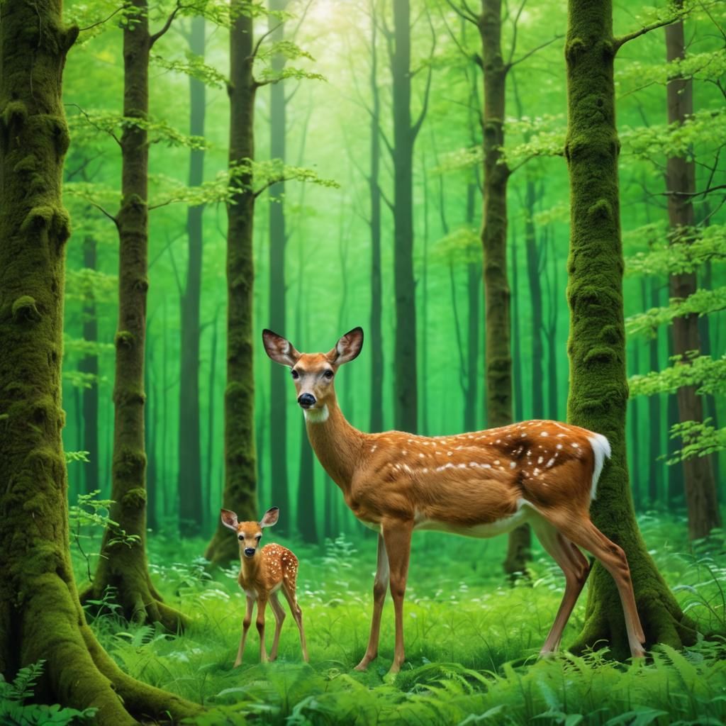 spring forest with a doe and her fawn