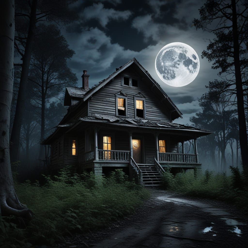 Goddess of Doom Over Haunted House Under Full Moon