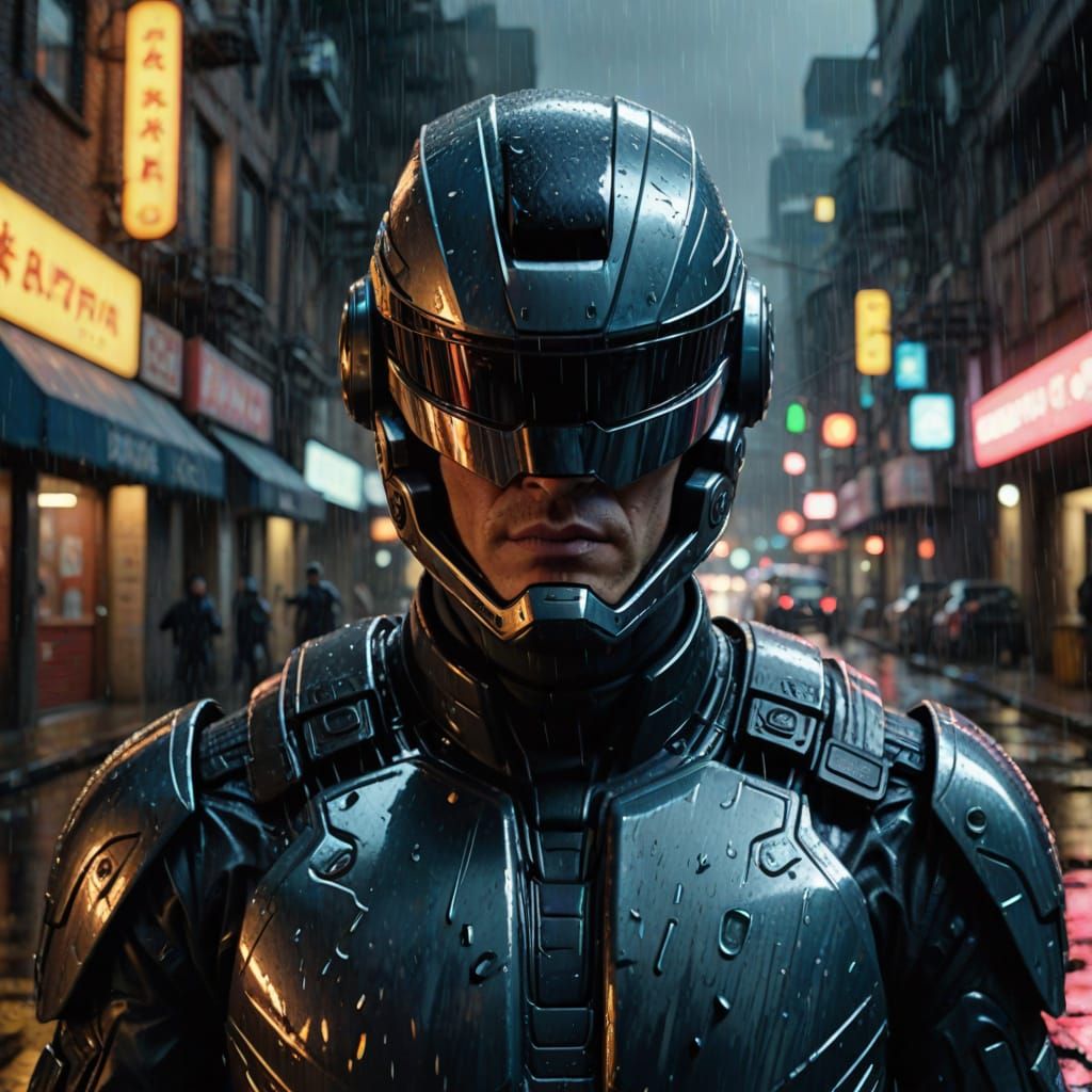 Alan Ritchson as Robocop in a Rainy City Alley