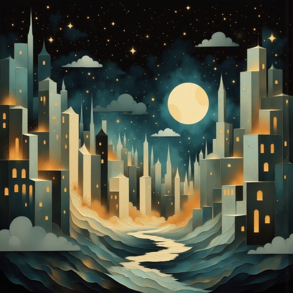 Dreamlike Watercolor Cityscape Under Ethereal Moon