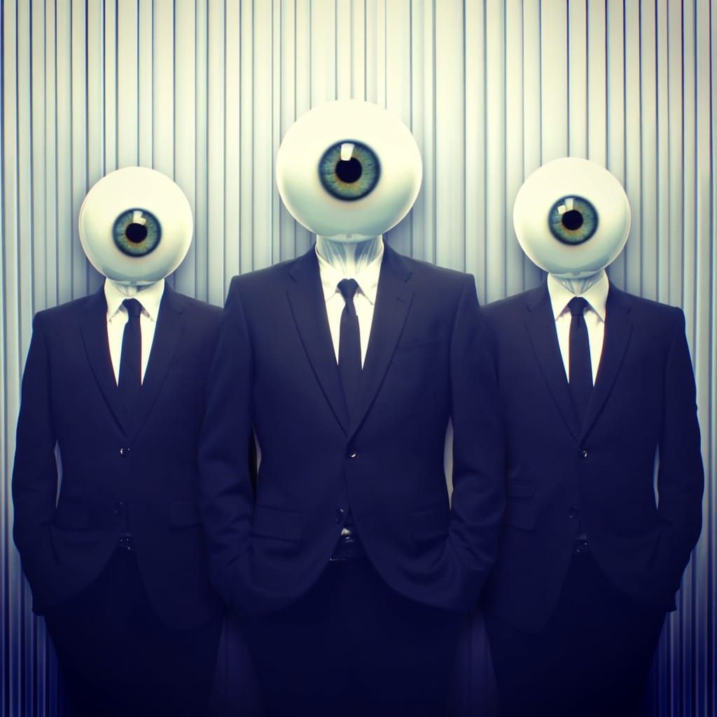 Surreal Figures with Eyeball Heads in Metallic Stripes
