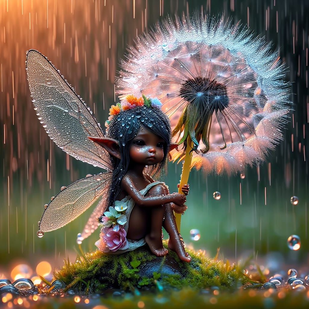 Rain Fairy with Dandelion Umbrella in Hyper-Detailed 8K