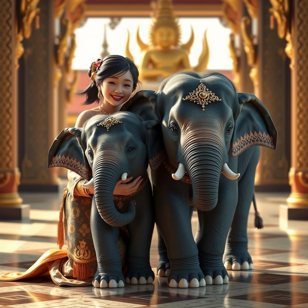 Girl and Baby Elephant in Thai Temple: 3D Anime Art