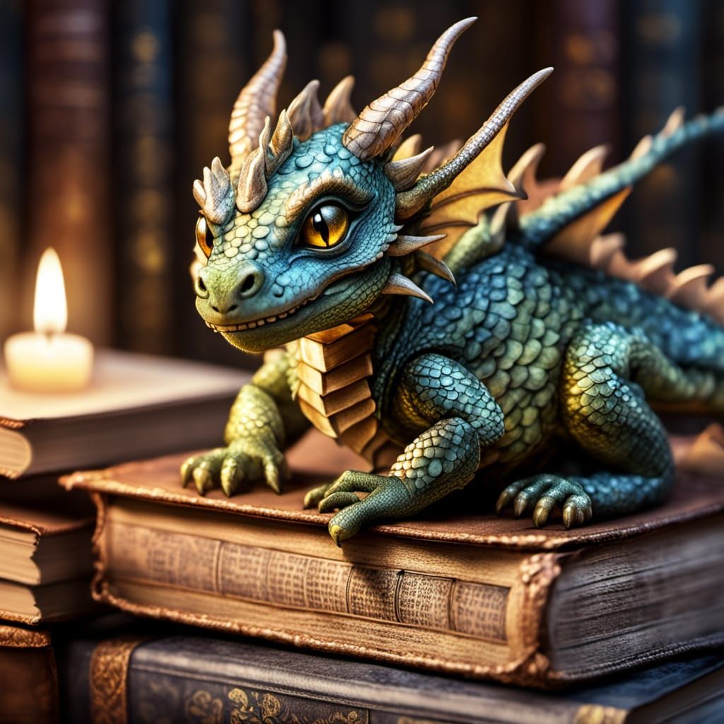 Adorable Baby Dragon on Books in Warm Candlelight