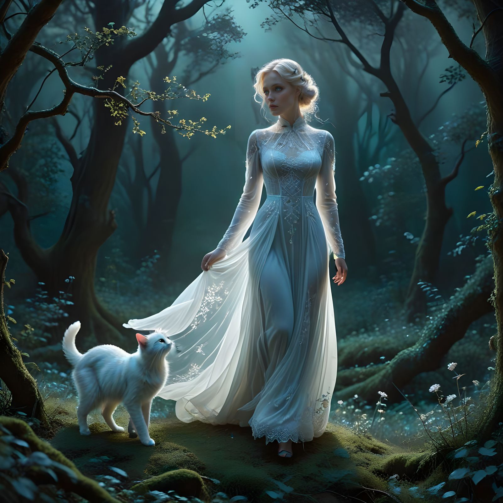 A Woman and Her Ghostly Feline Companion in a Dreamlike Wate...