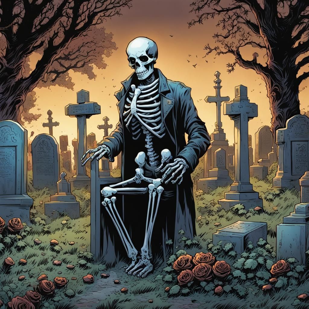 Skeleton Merchant in Cemetery: Comic Book Art