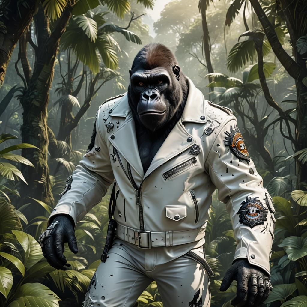 Cartoon Gorilla Biker in Jungle, Detailed Matte Painting