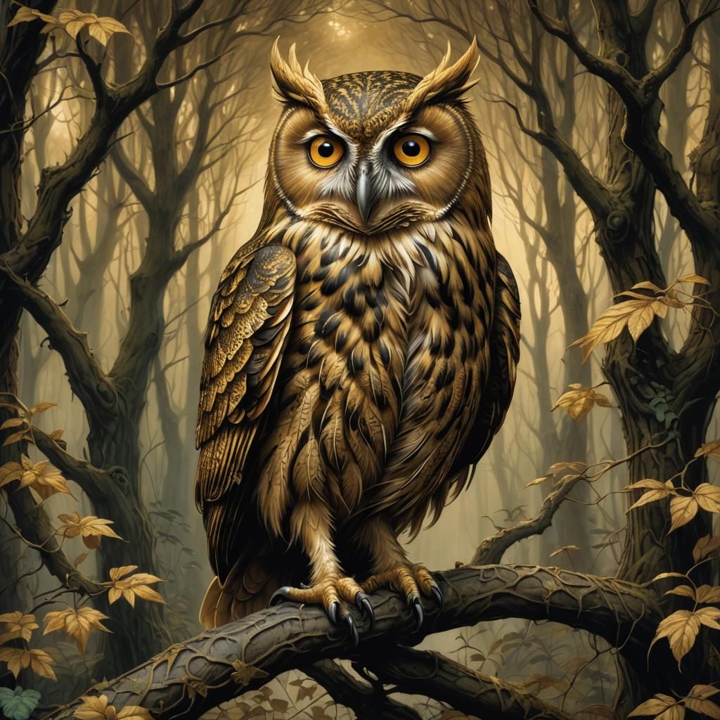 Mystical Golden Owl in a Surreal Forest