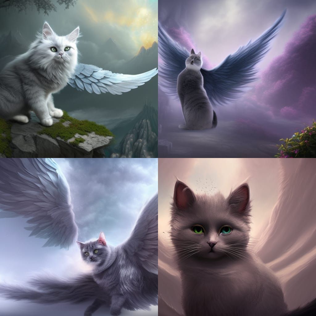 Grey Cat with Angel Wings Ascends to Heavenly Realm