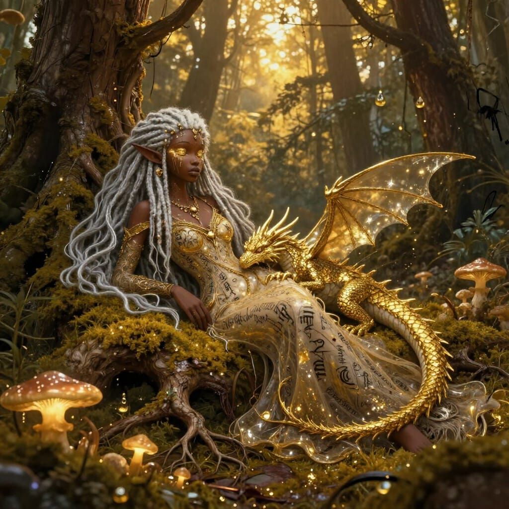 Ethereal Elf Queen with Baby Dragon in Golden Forest Glade
