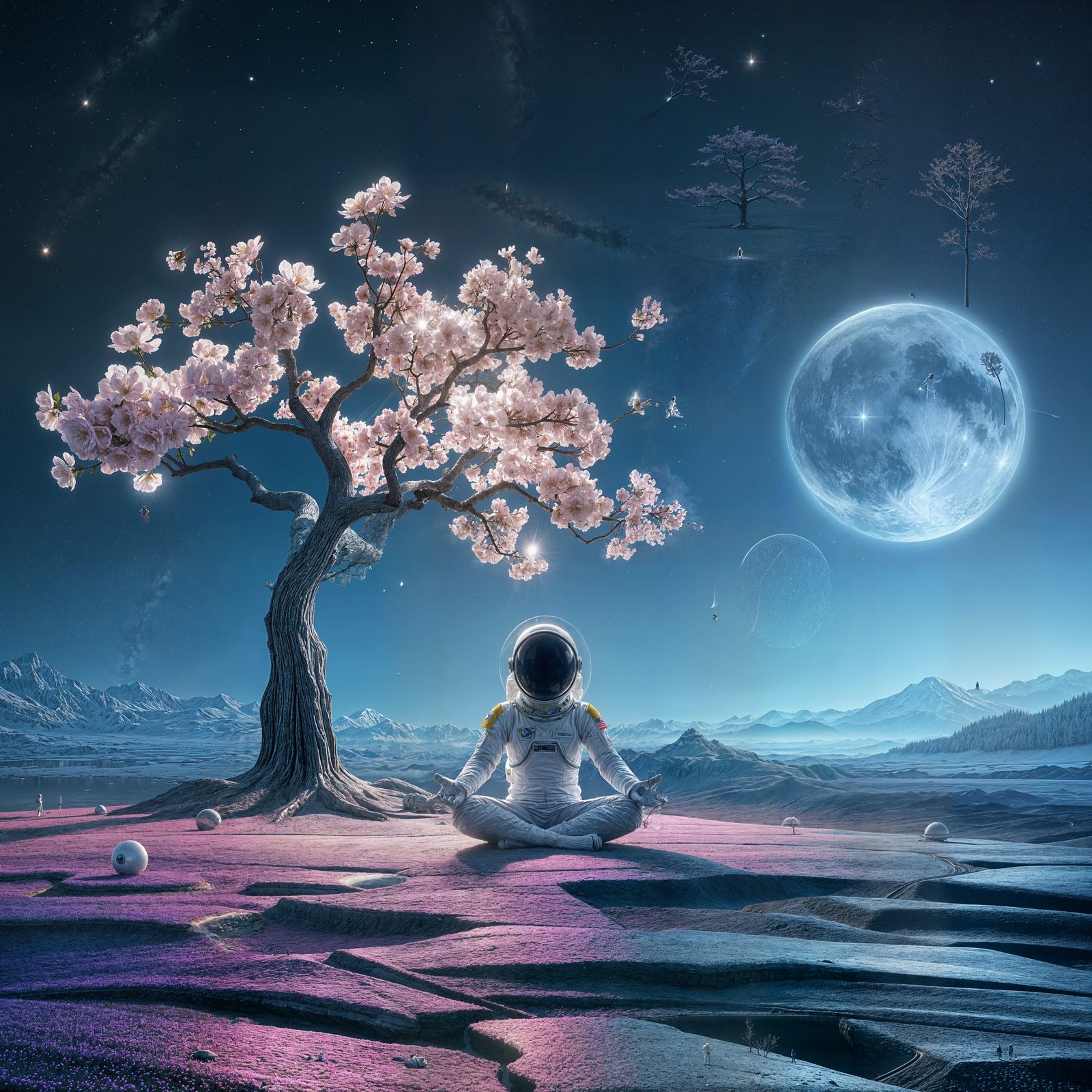 Astronaut Meditating Under Bioluminescent Sakura Tree