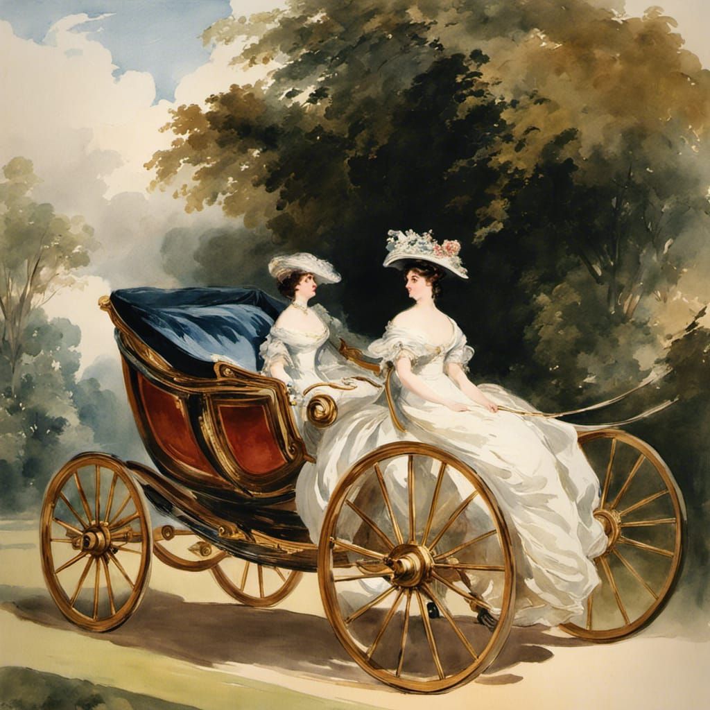 Regency Lady in Phaeton Carriage: Watercolor Painting