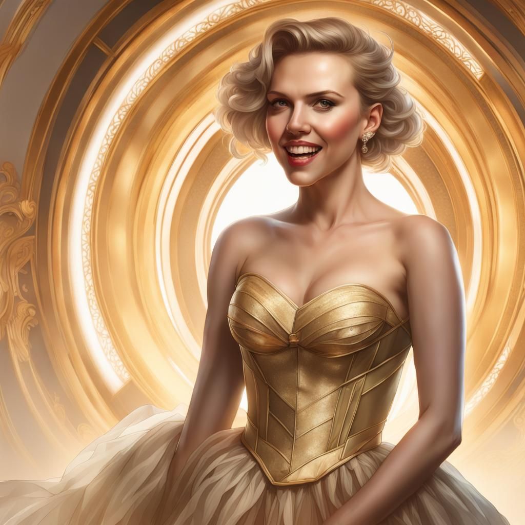 Refined lady wearing a strapless GOLDEN TULE AND SATIN formal dress with a tight bodice, (portrait REMINDING SCARLETT JO...