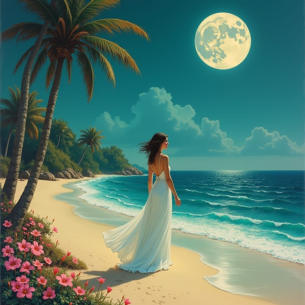 Moonlit Beach Scene in Surrealist Pastel Style