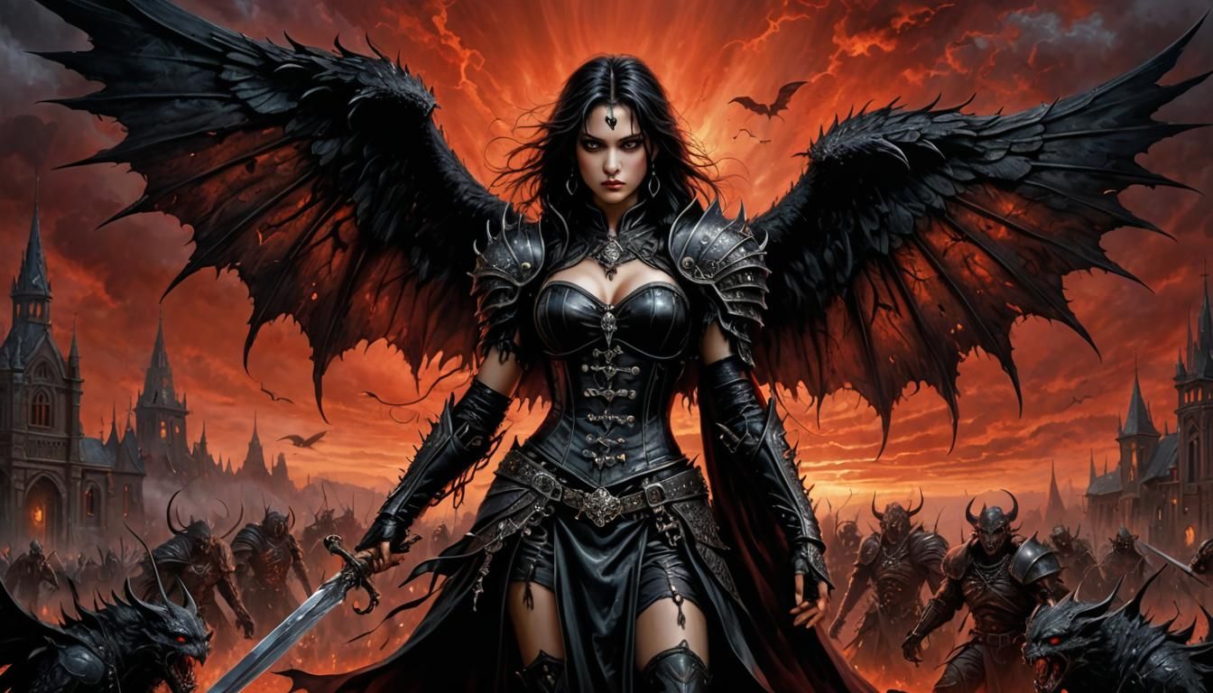 Gothic Vampire Angel in Sinister Red Sky