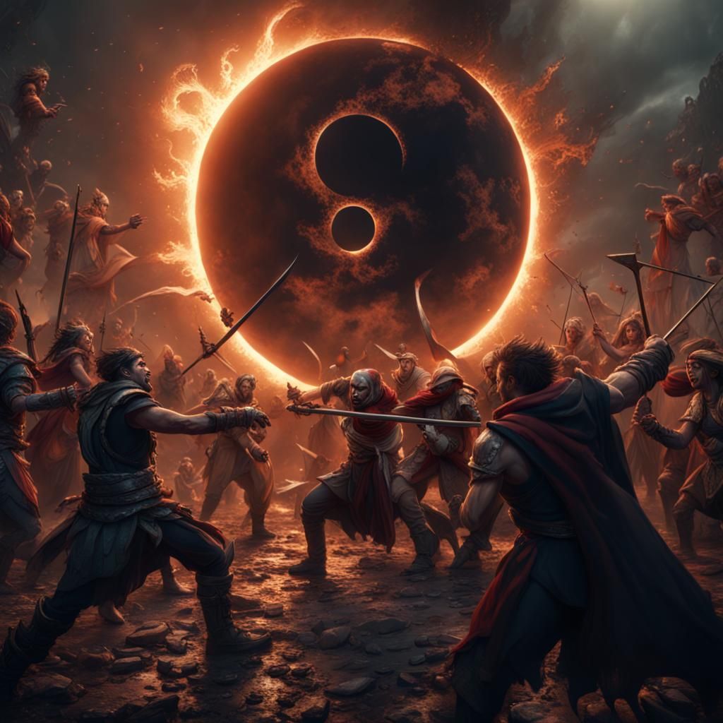 Battle Under an Eclipsed Sky in Vibrant Fantasy Art