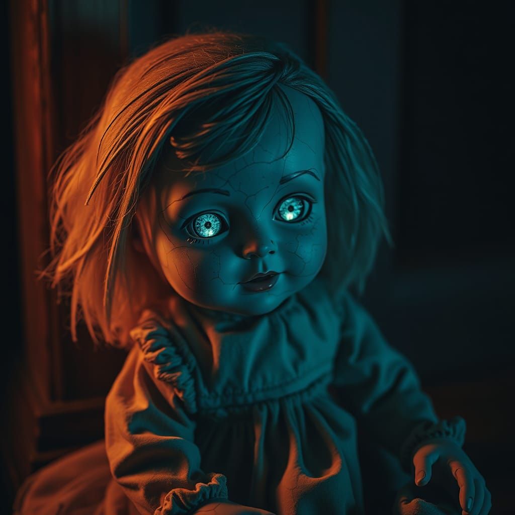 Eerie Porcelain Doll with Glowing Eyes