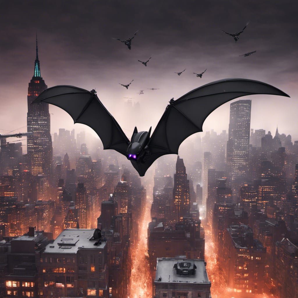 Bat-Like Drone Over Gothic Cityscape in Punk Rave Style
