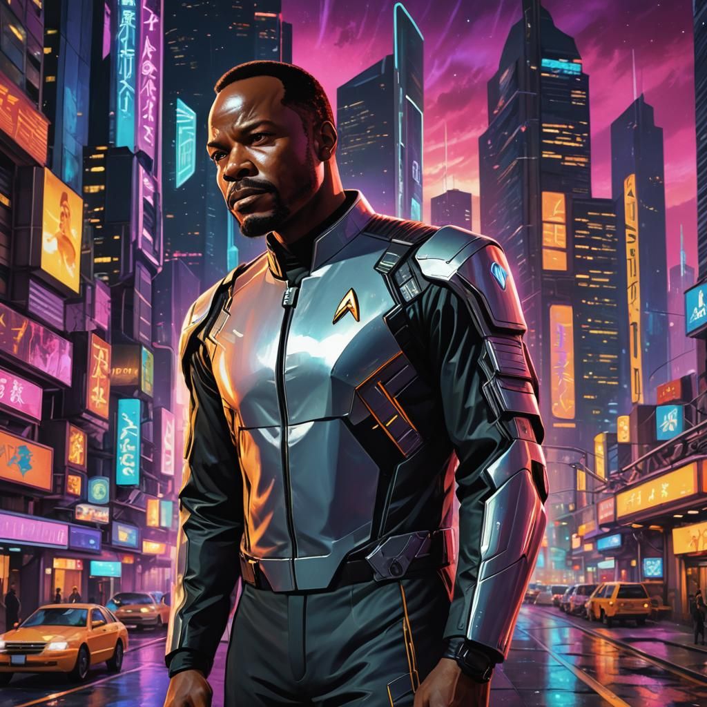 Benjamin Sisko in Anime-Inspired Sci-Fi Cityscape
