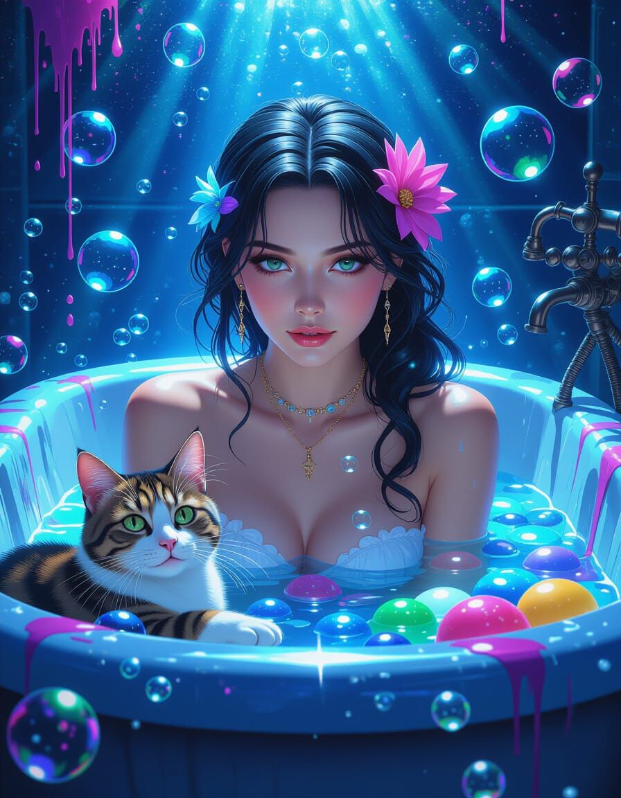 Anime Woman in Tub with Cat and Bubbles