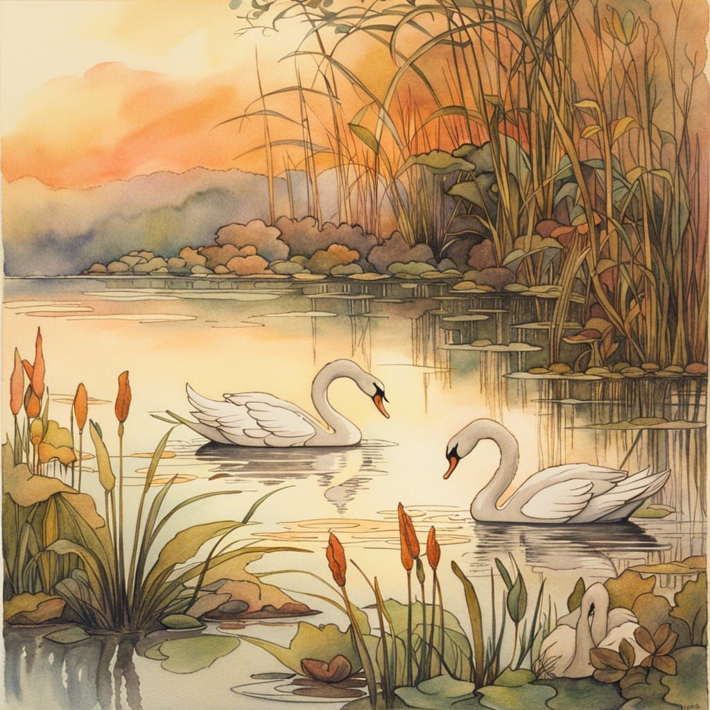 Fairytale Swans at Dawn in Arthur Rackham Style