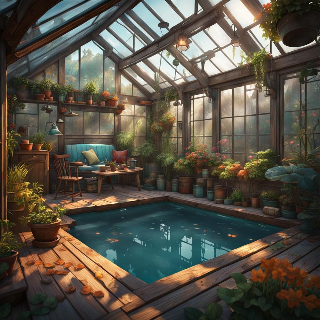 Rustic Greenhouse with Pool: Digital Art in Japanese Style