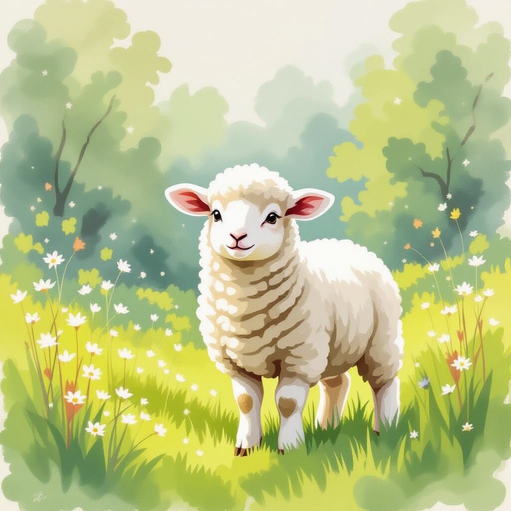 Timid Lamb in Fluffy Coat in Serene Meadow