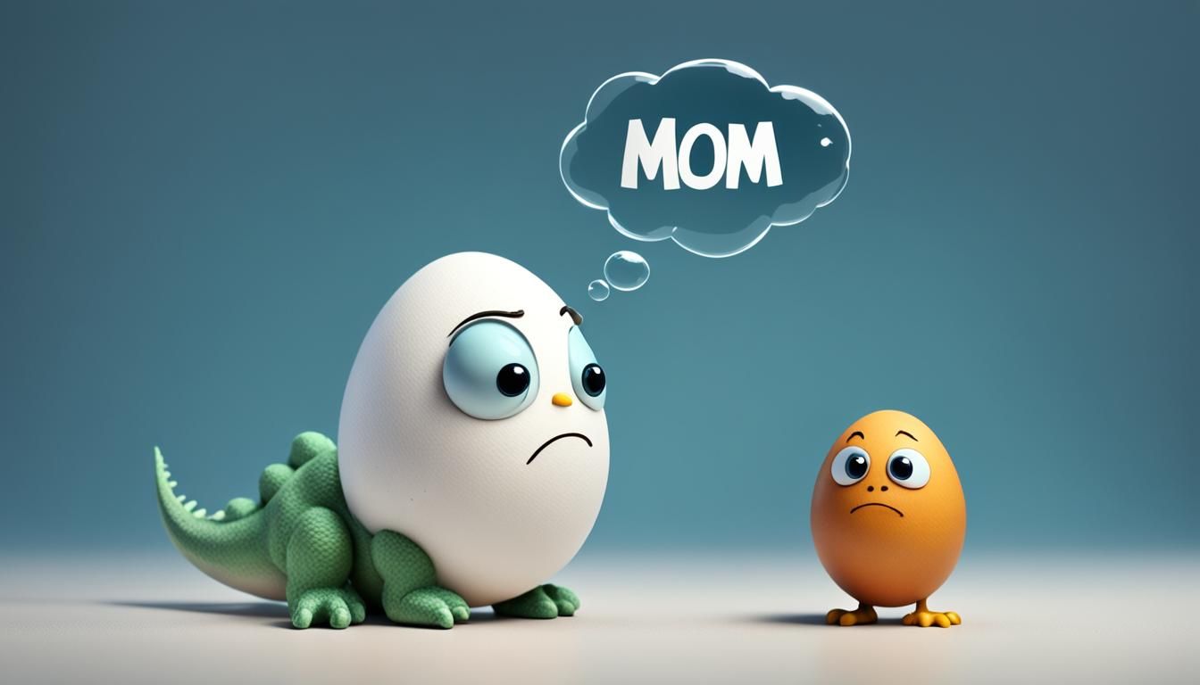 A pensive egg with a thought bubble in which it thinks about a mom dinosaur, cartoon, 3D Disney style, clear, crisp focu...