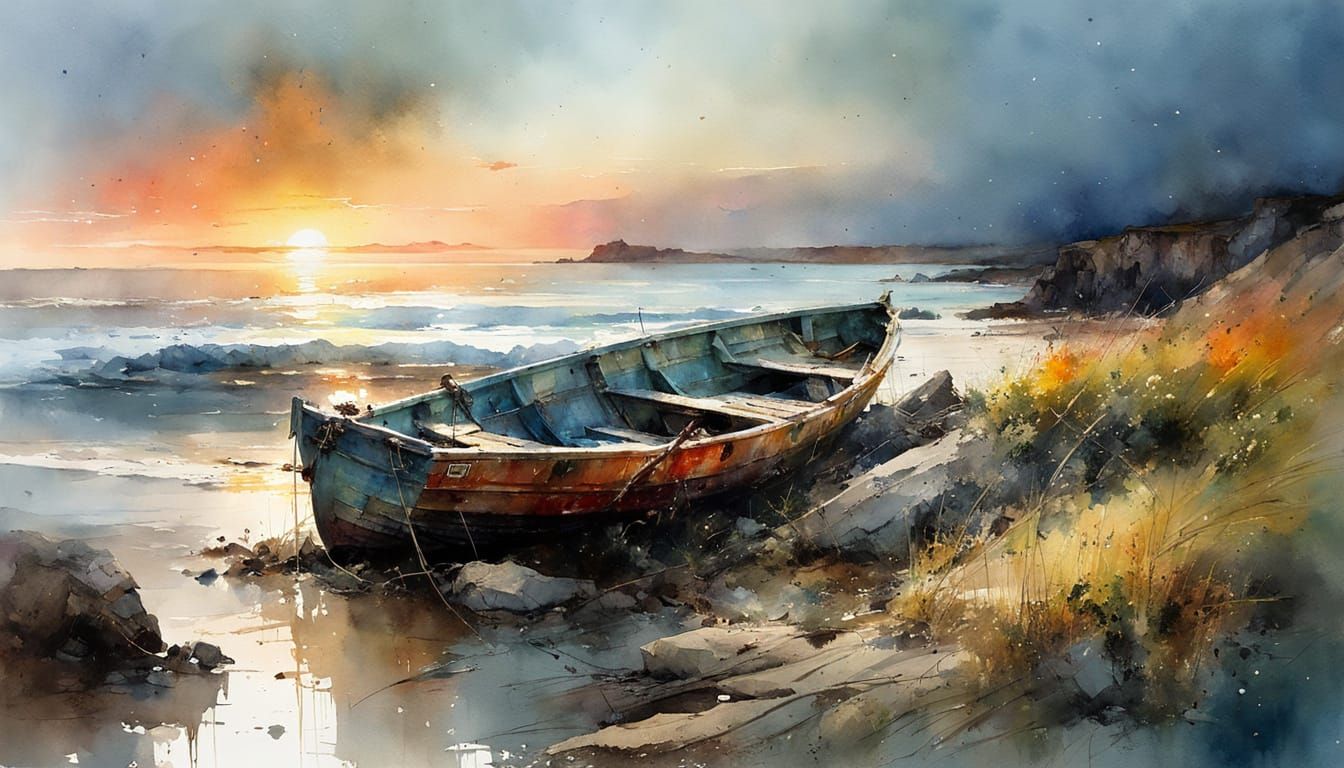 Rustic Boat on Rocky Shoreline in Vibrant Watercolor