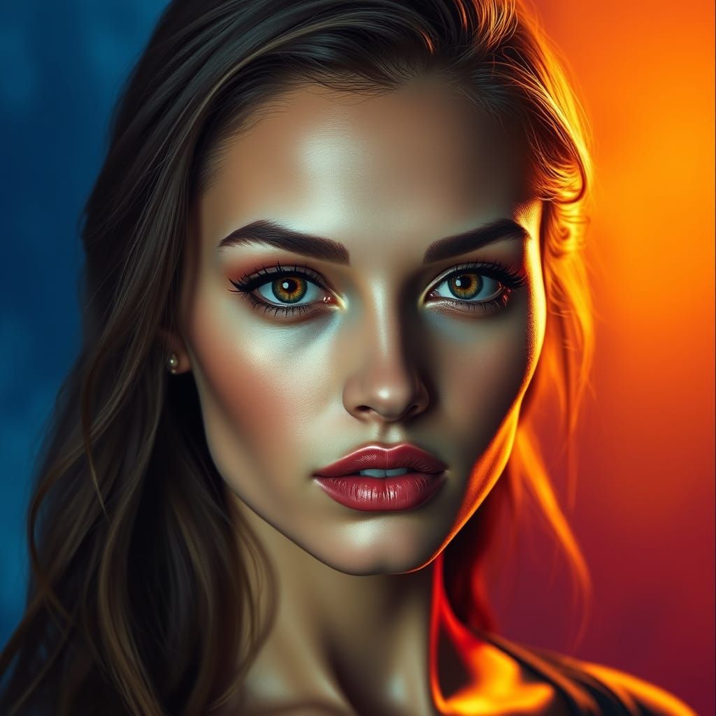 Hyperrealistic Portrait of a Stunning Woman in a Vibrant Bac...