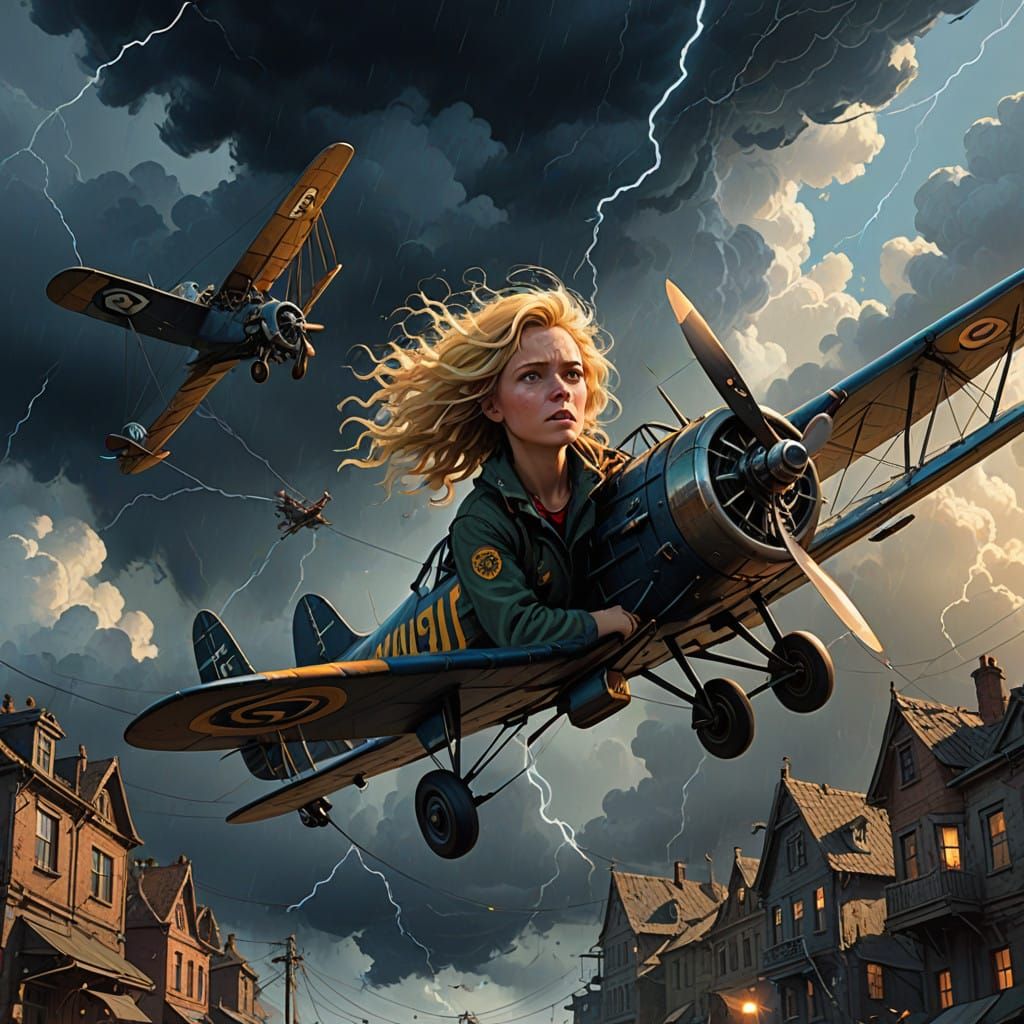 Woman Soars Through Turbulent Thunderstorm in Vintage Biplan...