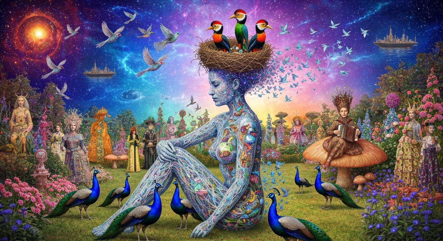 Ethereal Woman Transforms into Birds Amidst Cosmic Energy