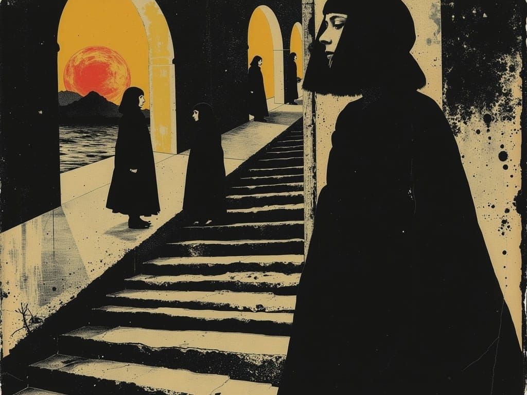 Dystopian Stairway to Nowhere with Robotic Androids