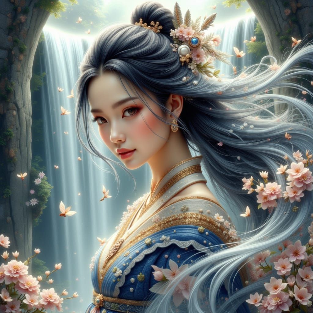 Female Samurai Portrait with Floral and Starry Accents