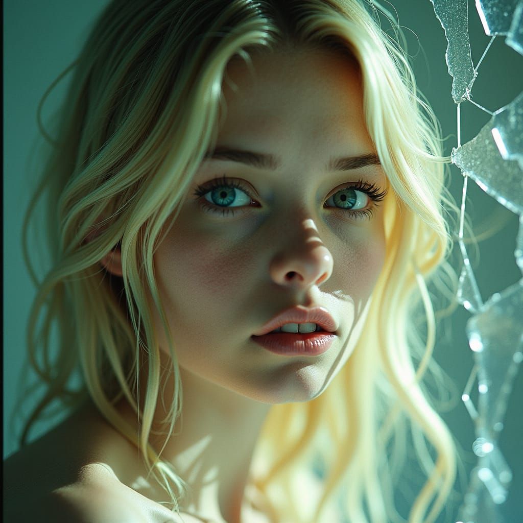 Surreal Shattered Glass Portrait of Blonde Girl